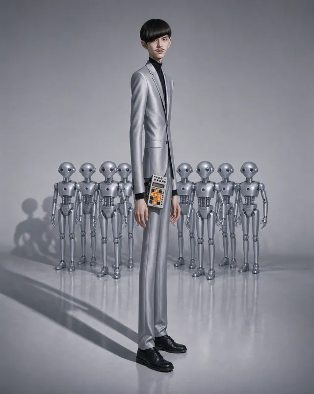 V4GN3R in a silver suit with a sampler on his hip, a formation of small silver robots behind him.