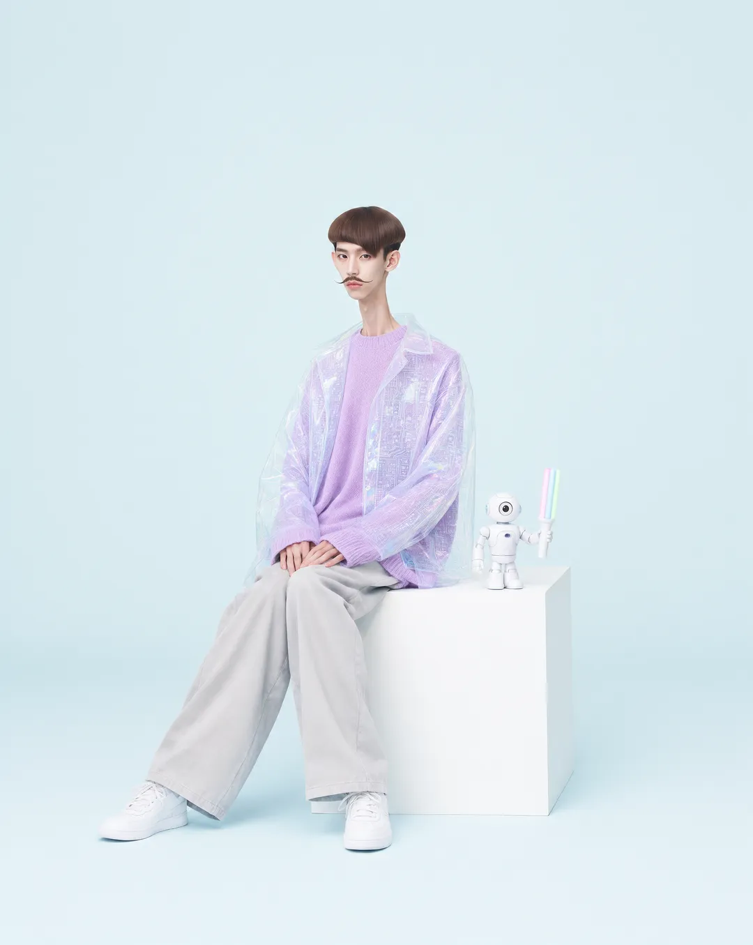 V4GN3R seated on a white cube against powder blue: brown bowl cut, curled mustache, lilac sweater under a clear iridescent jacket, a small white robot beside him with a pastel light stick.