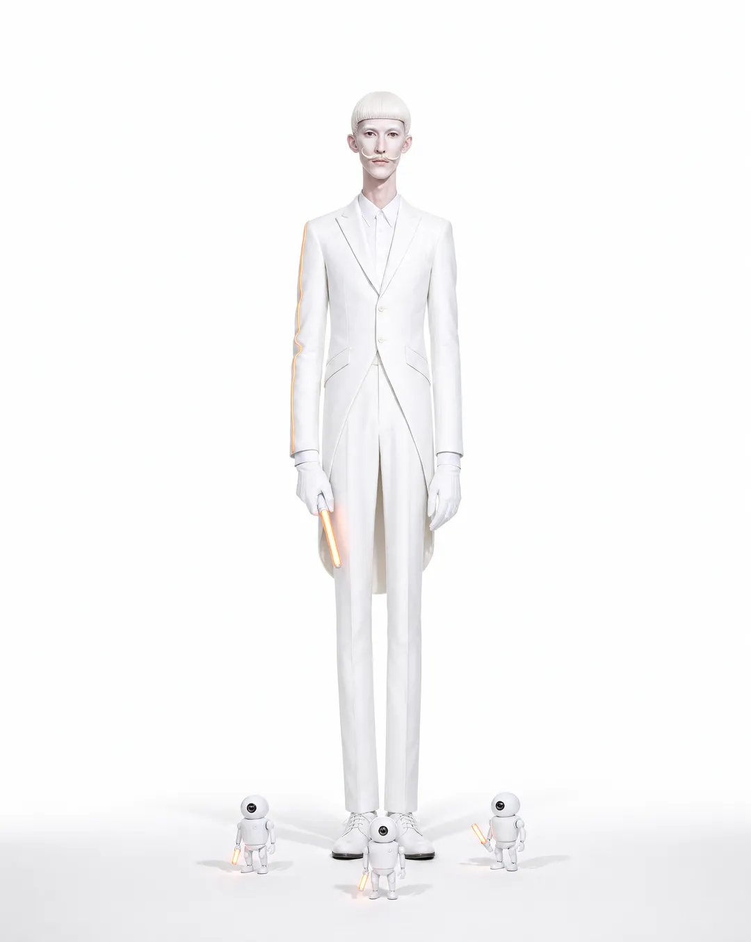 V4GN3R on a pure white seamless: very tall and thin, platinum bowl cut, thin mustache, white tailcoat suit and gloves, holding an orange light stick, three small white one-eyed robots at his feet.