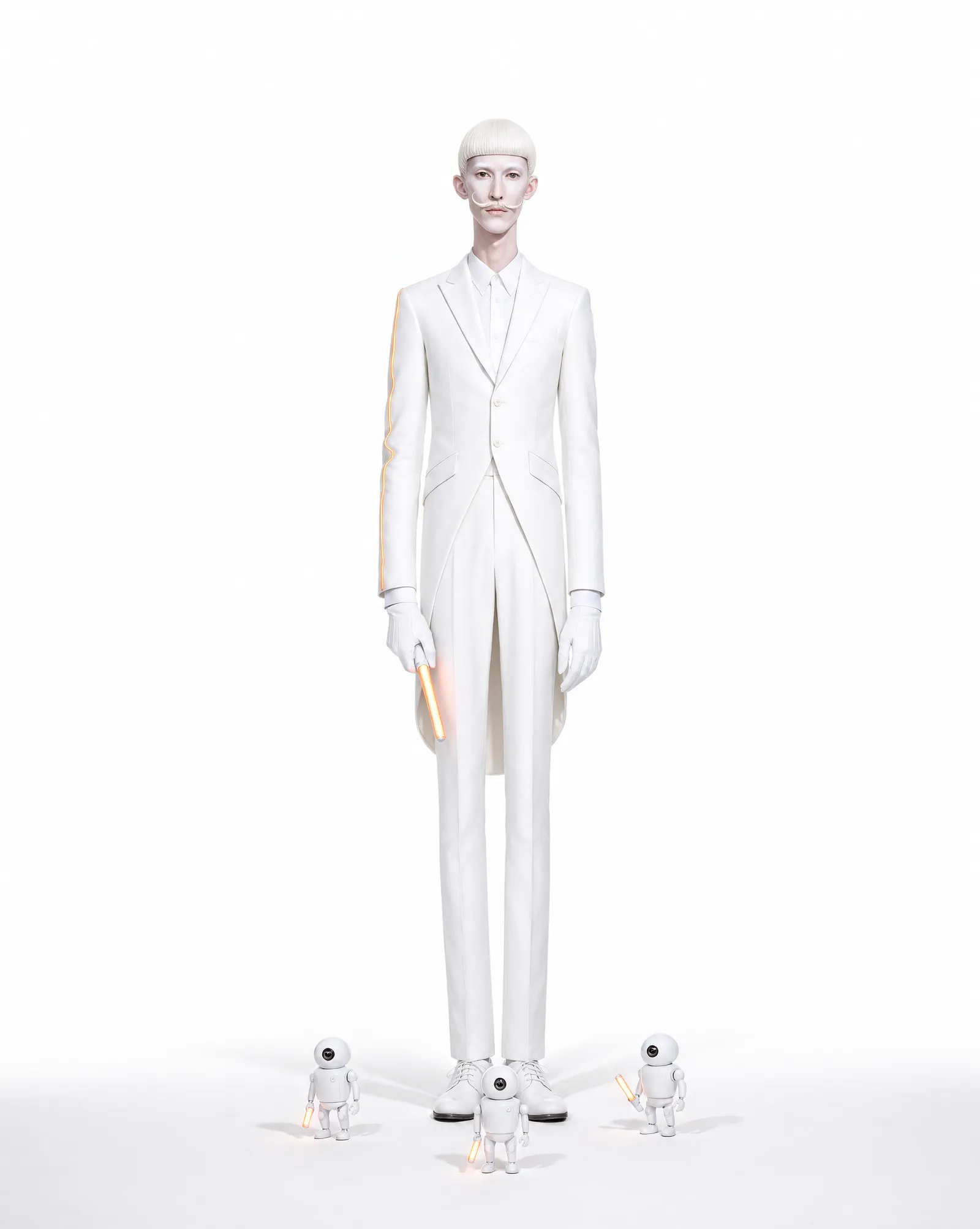 V4GN3R on a pure white seamless: very tall and thin, platinum bowl cut, thin mustache, white tailcoat suit and gloves, holding an orange light stick, three small white one-eyed robots at his feet.